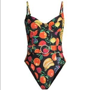 New We Wore What retro fruit print black one piece boho vacation swimsuit XS